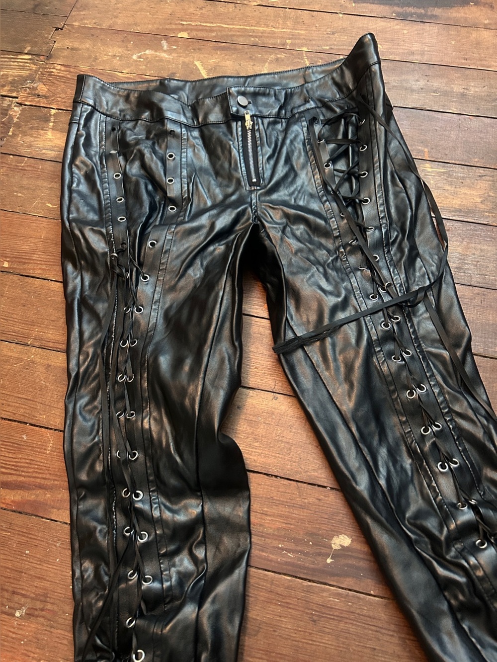 Black Lace-Up Faux Leather & Spandex Unisex Pants